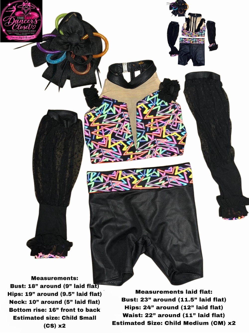 Kids Neon Geometric Dance Costume Set with Black Accents